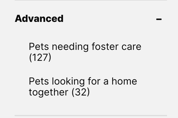 a screengrab of the pets needing foster care option on PetRescue's pet search page