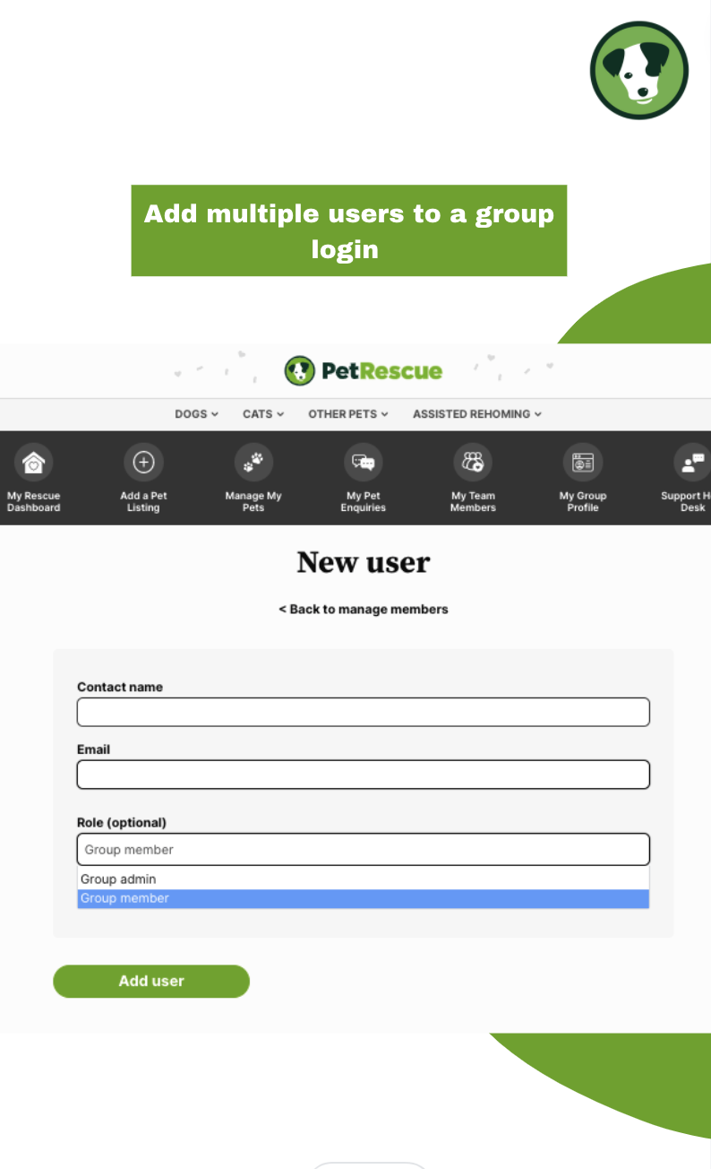 a screengrab showing how you can add new team members to a PetRescue rescue member account